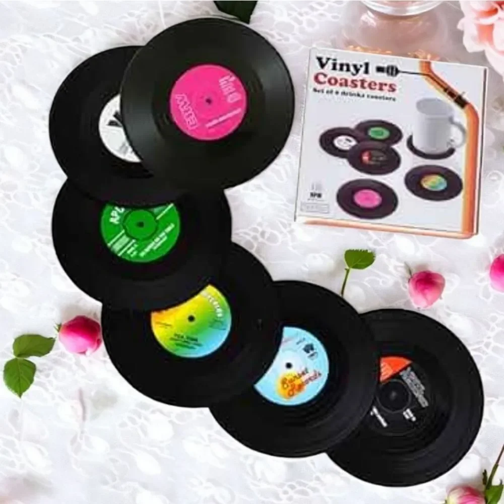 Vintage Vinyl Record Coasters – Retro 45s Novelty Drink Coaster Set Music Decor